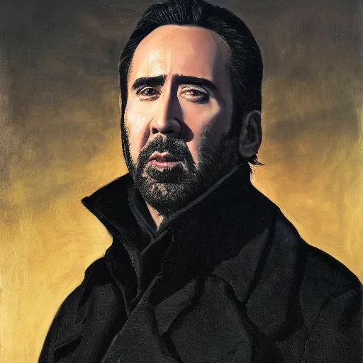 Image similar to Nicolas Cage in a black coat, religious masterpiece portrait, oil on canvas, golden hour, in the world of Andrew Wyeth and Bloodborne, artstation, by J. C. Leyendecker and Peter Paul Rubens,