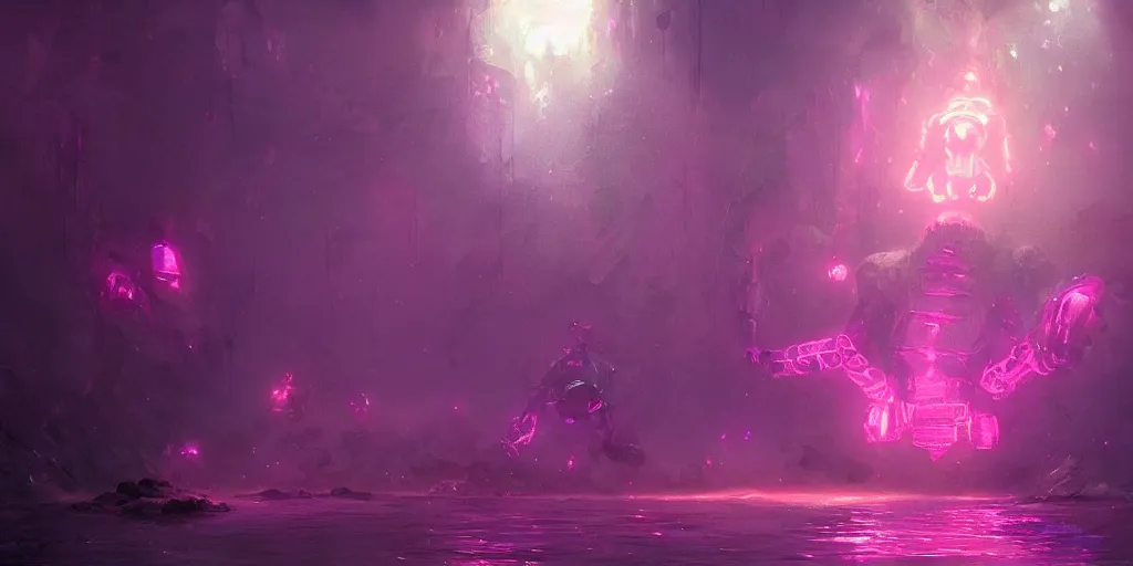 Image similar to giant golem made of crystal, bright pink purple lights, underwater, d & d, art by greg rutkowski