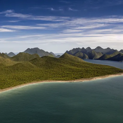 Prompt: a camera capture high resolution photograph of a large flat verdant island with large mountains with red peaks