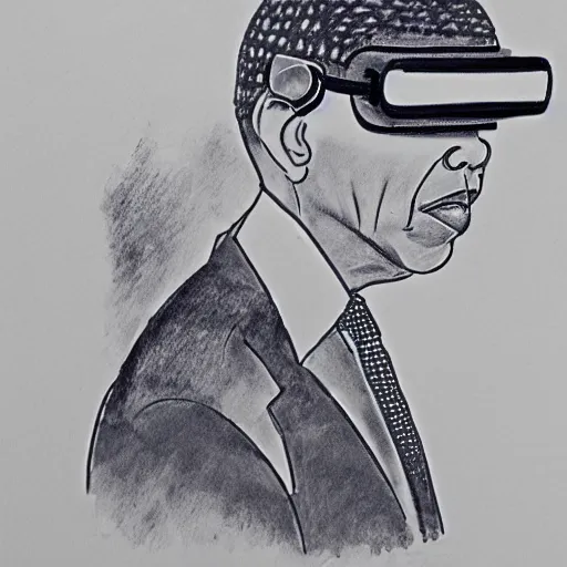 Prompt: ink drawing of obama wearing a VR headset, master piece