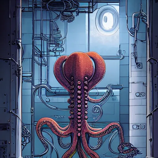 Image similar to robotic Octopus in a hallway, Industrial Scifi, detailed illustration, character portrait, by Martin Grip and Moebius