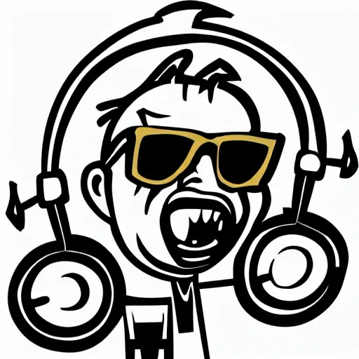 Image similar to svg vector sticker of absolutely insane-mad-scientist-villain, rocking out, wearing headphones, huge speakers, dancing, rave, DJ, spinning records, digital art, amazing composition, rule-of-thirds, award-winning, trending on artstation, featured on deviantart