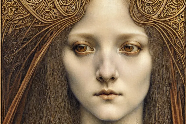 Image similar to detailed realistic beautiful young medieval queen face portrait by jean delville, gustave dore and marco mazzoni, art nouveau, symbolist, visionary, gothic, pre - raphaelite. horizontal symmetry