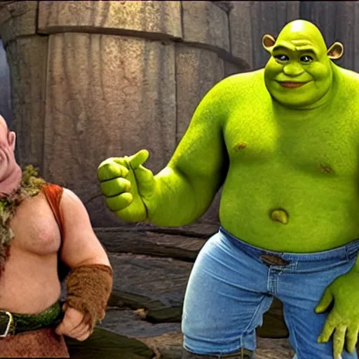 Image similar to shrek fighting jason statham