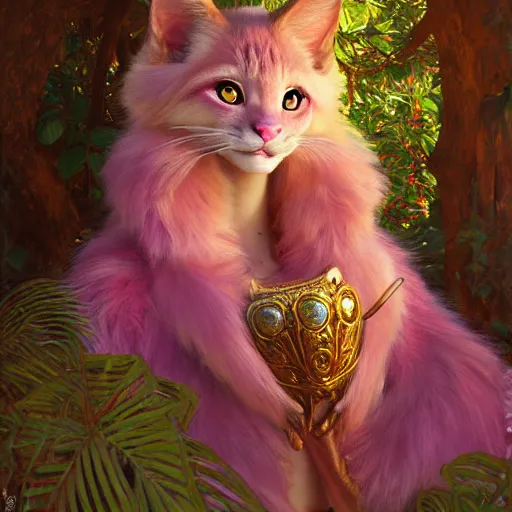 Prompt: a portrait of a female pink cat wearing ornate plastic armor at night in a dark forest. zootopia fursona furaffinity furry art detailed face painting by gaston bussiere craig mullins jc leyendecker gustav klimt artgerm greg rutkowski furry