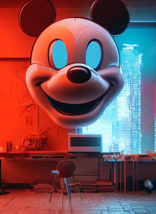 Image similar to giant destroyed head of cyberpunk mickey mouse, inside of netflix office, by beeple, dystopia, golden ratio, octane render, trending on artstation, 8 k