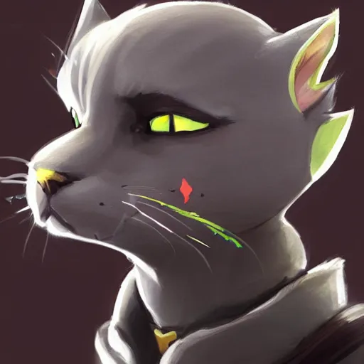 Image similar to Portrait painting an anthropomorphic Gray cat wearing a jacket and a collar, as an Overwatch character, medium shot, asymmetrical, profile picture, Organic Painting, sunny day, Matte Painting, bold shapes, hard edges, street art, trending on artstation, by Huang Guangjian and Gil Elvgren and Sachin Teng