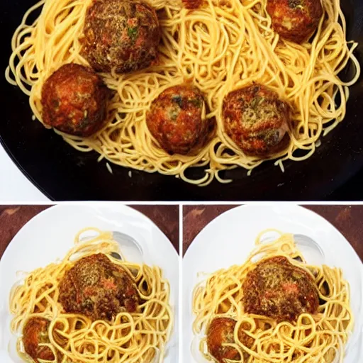 Image similar to On top of spaghetti, All covered with cheese, I lost my poor meatball, When somebody sneezed, It rolled off the table, And onto the floor, And then my poor meatball, Rolled out of the door