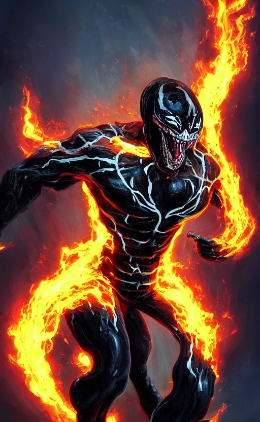 Image similar to venom as ghost rider, dynamic lighting, photorealistic fantasy concept art, trending on art station, stunning visuals, terrifying, creative, cinematic