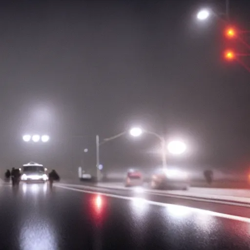 Prompt: hyperdetailed, photorealistic photograph of the ecto 1 driving in the streets, rain, night, dense fog, hd, unreal engine 5