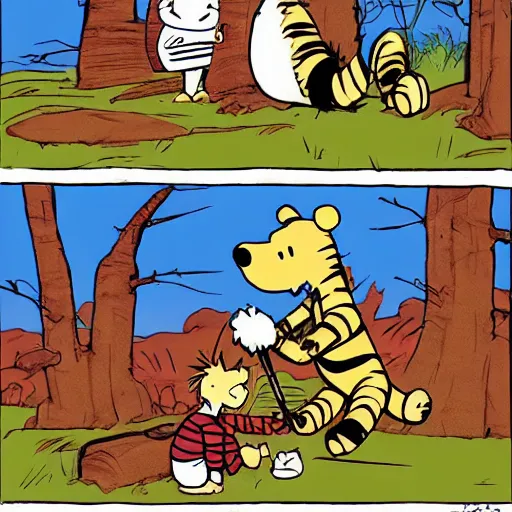 Image similar to Calvin and Hobbes in the style of Winnie the Pooh