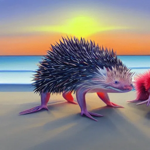 Prompt: an axolotl next to a hedgehog on a beach, oil painting, sunset lighting, 4 k