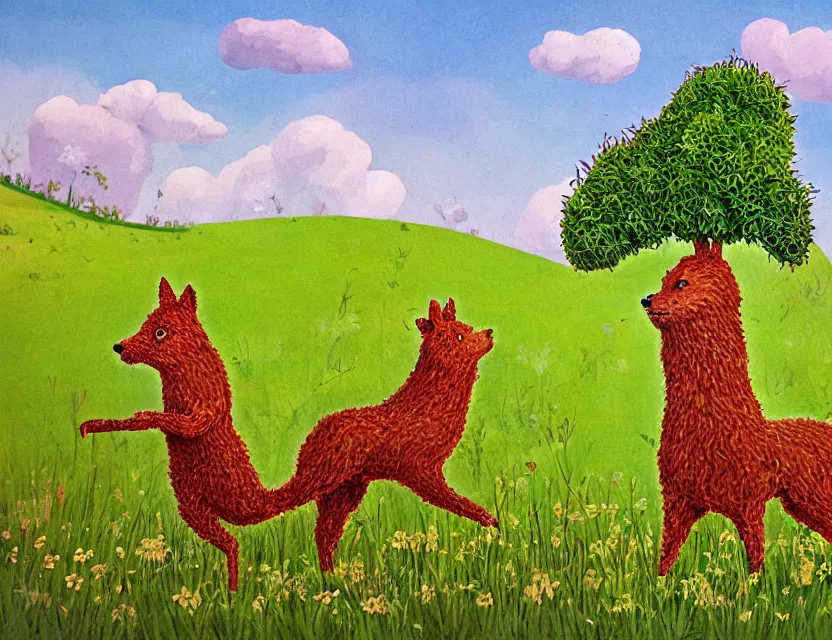 Prompt: feral chia pet in the meadow. russian fairytale art, gouache, dynamic composition, backlighting