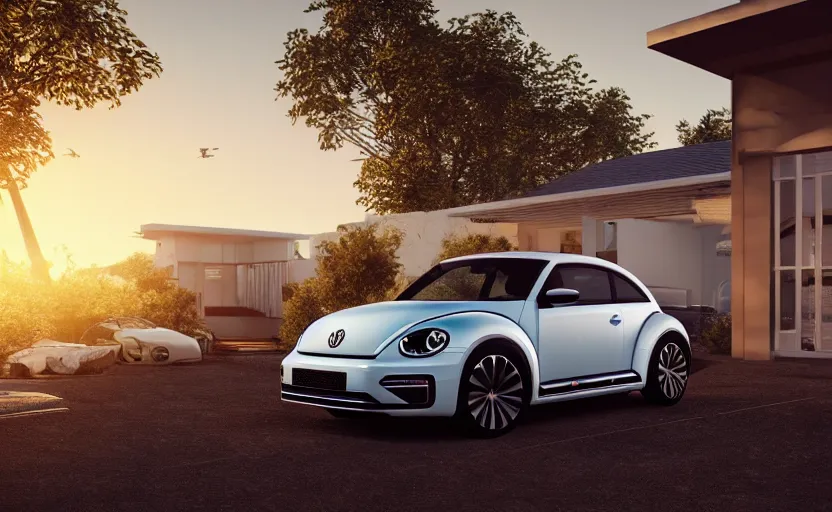 Image similar to a vw beetle parked near a modern small house with a pool at sunrise, concept art, octane render, unreal engine 5, trending on artstation, high quality, highly detailed, 8 k, soft lighting, path traced, godrays, lens flare, hyperrealistic, symmetrical, low contrast, digital art, beautiful, elegant