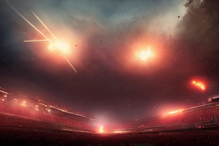 Prompt: meteors fall from the red sky down to a crumbling football stadium, crowds panic, cinematic lighting by jessica rossier, realistic, highly - detailed, 8 k, photorealistic, hyper detailed, unreal engine 5, imax quality, cinematic, epic lighting, football live, live sports