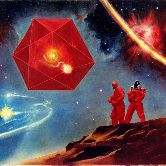 Prompt: two scientists wearing red hazmat suits staring into a giant rainbow polyhedron hovering above a nebula sky by frank frazetta