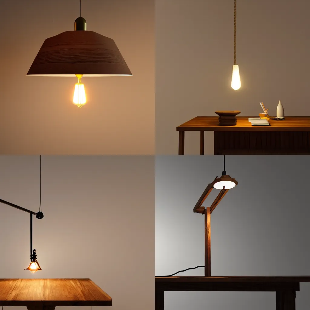 Prompt: a lamp made from wood hanging over a table, hyperrealstic, 8 k