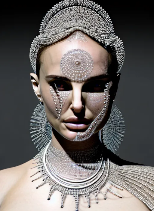 Prompt: portrait of an absurdly beautiful, graceful, sophisticated, fashionable futuristic woman, facial piercings, natalie portman, heavy body modification, hyperdetailed illustration by irakli nadar and alexandre ferra, intricate linework, white porcelain skin, faberge, intricate chrome headdress, dark atmosphere, unreal engine 5 highly rendered, global illumination, radiant light, detailed and intricate environment