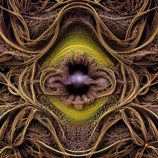 Prompt: an intricate and detailled illustration close - up of intricate fractal mandelbulb made of smoke and vines, lot of eyes, rendered in cinema 4 d, by esao andrews and karol bak and zdzislaw beksinski and zdzisław beksinski, trending on art station