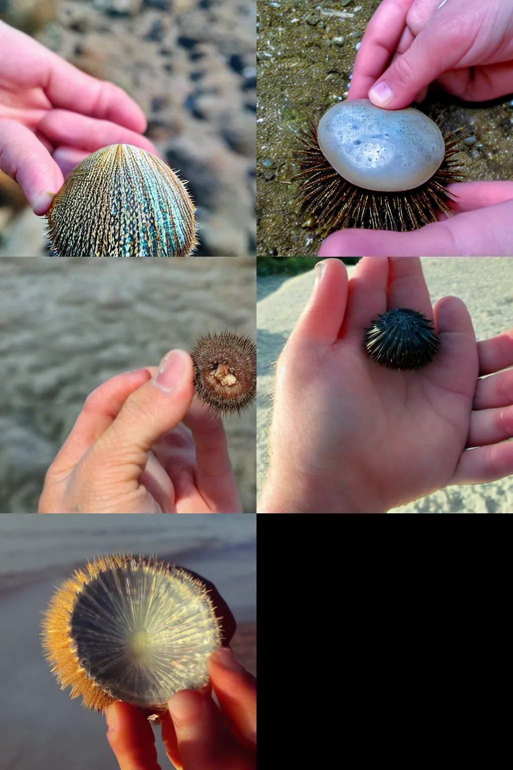 Prompt: holding the see urchin shell in my hand i observing how it's breathing the early morning light...