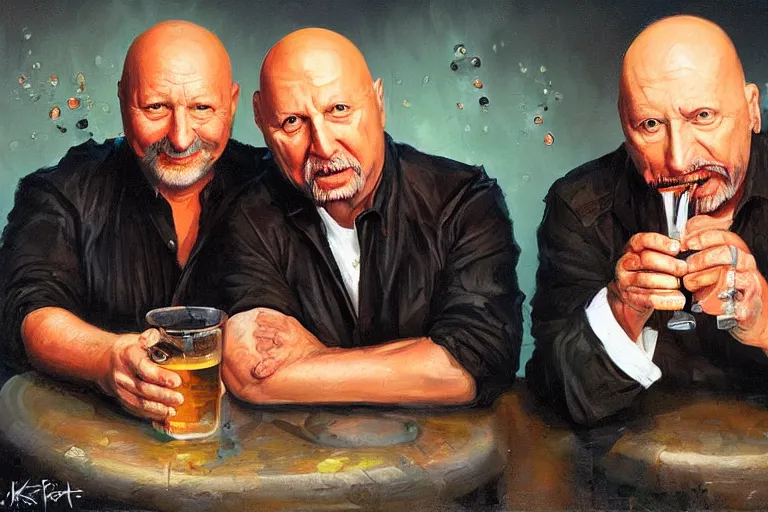 Image similar to portrait of tom atkins and donald pleasents drinking tequila shots, an oil painting by ross tran and thomas kincade