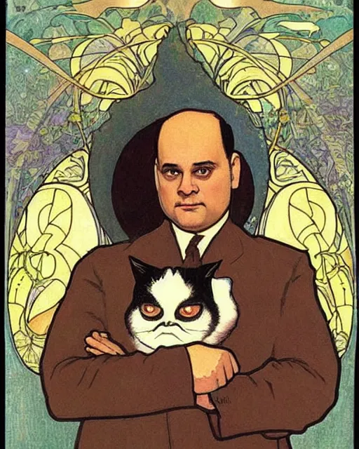 Image similar to “ george costanza!!!!!!!!!!!!! from seinfeld holding grumpy cat, halo, art nouveau, extremely detailed, by alphonse mucha ”