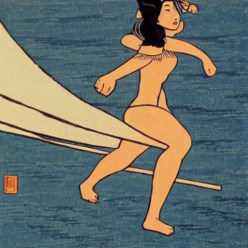 Image similar to Beautiful Japanese woman running from an old samurai on the beach Toshio Saeki, high detailed