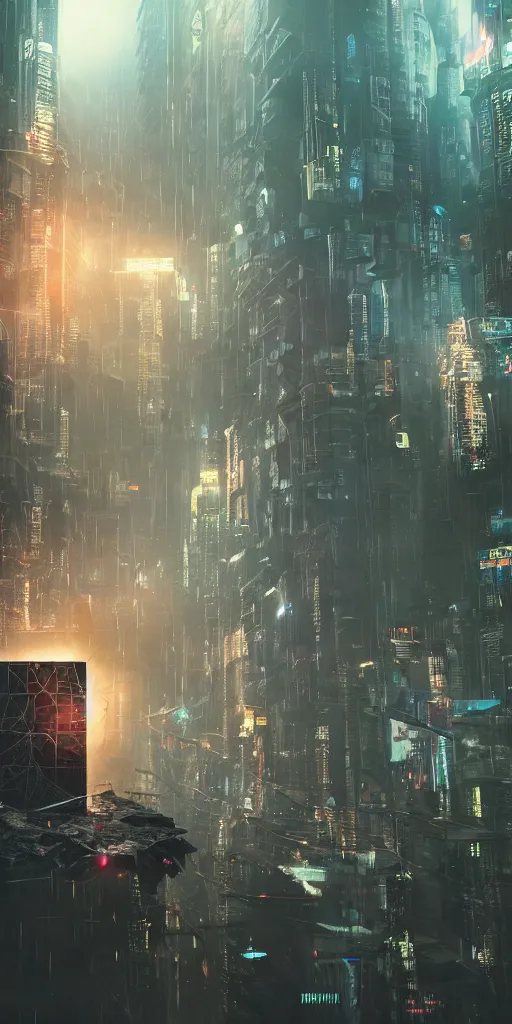 Image similar to a sentient cube destroying a dystopian city, cyberpunk, sharp focus, dynamic lights, still, photograph, hyper realistic, masterpiece, octane render, rendered, 3 d, cinematic, cinematic lighting, dramatic lighting, highly detailed, intricate details, texture, cinematic composition, wide shot, by donglu yu and kevin jick and eddie del rio