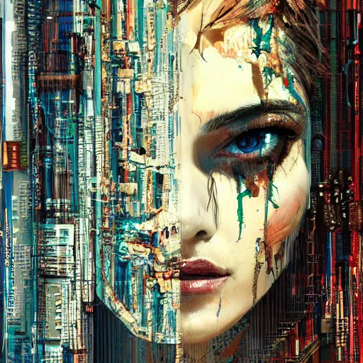 Prompt: sexy beautiful woman head made of mech mask rendered in unreal engine, cyberpunk, microchips, wires comming from core processor scifi, painted by david burliuk | bernard buffet | carne griffiths | wlop