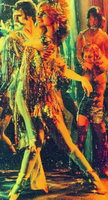 Image similar to the Antichrist dancing at Studio 54, disco, saturated color, ghosts in the background, high contrast, strobe lights, sparkles, depth of field, 1976, bad VHS