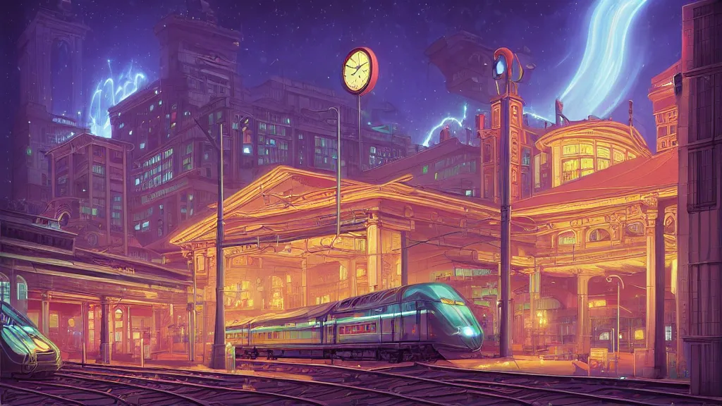 Image similar to the central train station on the outskirts of the city at night by cyril rolando and naomi okubo and dan mumford. advertisements. neon.