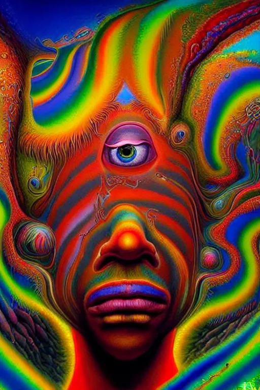 Image similar to hyperrealistic abstract close-up Renaissance psychedelic!! celestial happy! pure creature!! peaceful! kind spirit of nature! beautiful fractal!! eyes! highly detailed concept art eric zener elson peter cinematic hard rainbow lighting high angle hd 8k sharp shallow depth of field endless, inspired by Zdzisław Beksiński Salvador Dali