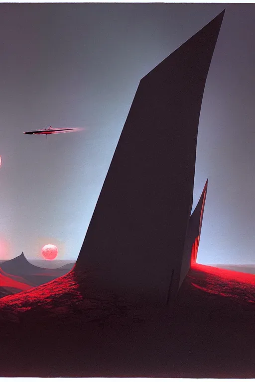 Image similar to emissary mountain space by arthur haas and bruce pennington and john schoenherr, cinematic matte painting, zaha hadid building, red lights, photo realism, dark monochrome color palate, rule of thirds