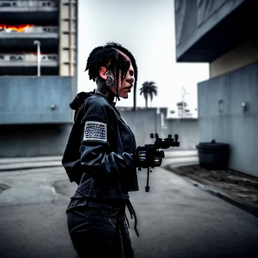 Prompt: Candid extreme wide shot of a poor techwear mixed woman with short hair and tattoos outside of a futuristic Los Angeles on fire, cyberpunk, 4k, extreme long shot, desaturated, full shot, action shot, motion blur, depth of field, sigma 85mm f/1.4, high resolution, 4k, 8k, hd, full color, award winning photography, war photography