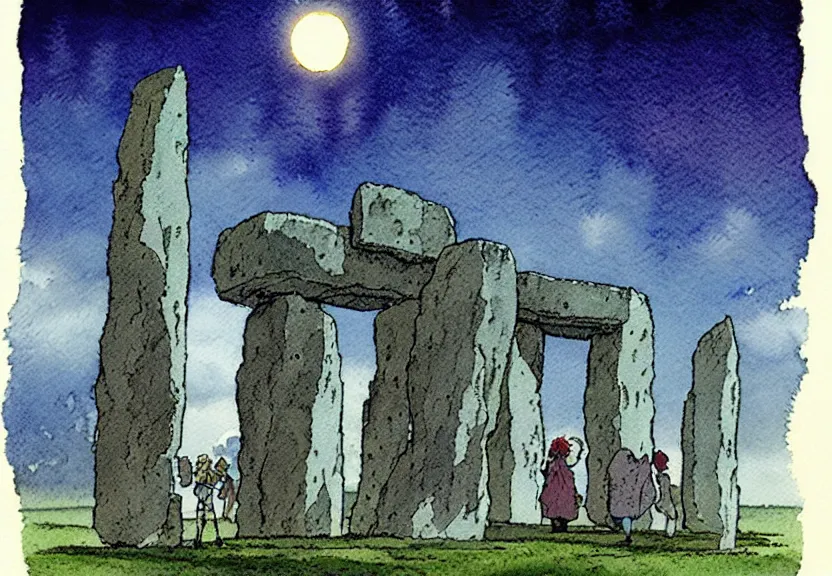 Image similar to a simple watercolor fantasy concept art of a giant dark grey cube floating in the air above stonehenge at night. by studio ghibli, rebecca guay, michael kaluta, charles vess