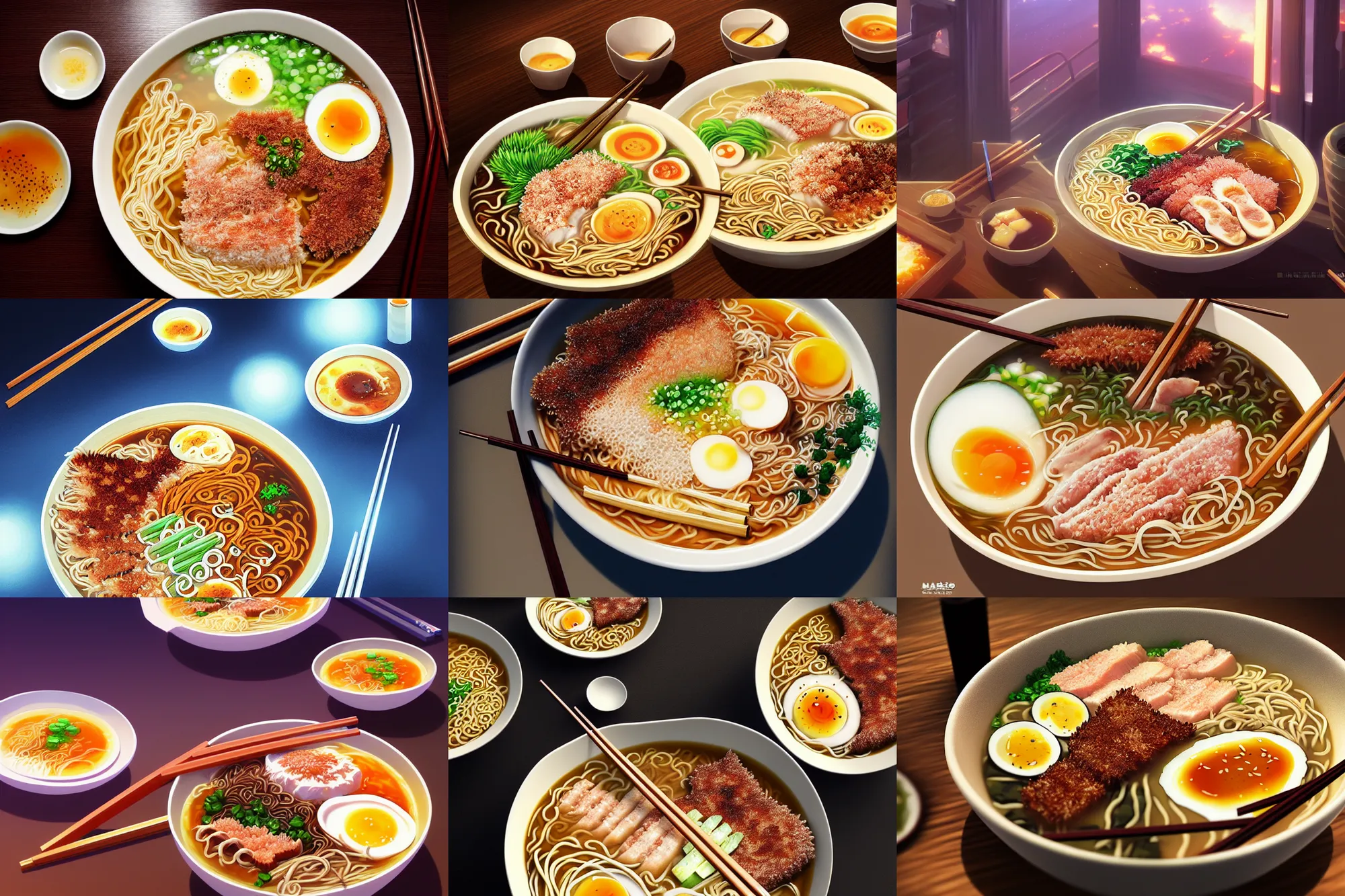 Prompt: a delicious bowl of tonkatsu ramen, key visual, a fantasy digital painting by makoto shinkai and james gurney, trending on artstation, highly detailed