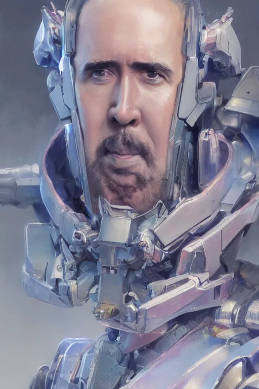 Prompt: Portrait of Nicolas Cage as super Mecha anime robot, intricate, highly detailed, smooth, artstation, digital illustration by Ruan Jia and Mandy Jurgens and Artgerm and Wayne Barlowe and Greg Rutkowski and Zdislav Beksinski