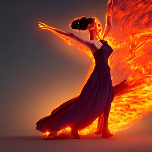 Prompt: woman dancing in the dark, dress made of fire and flame, lightning, sparks, digital art, trending on artstation, fantasy, unreal