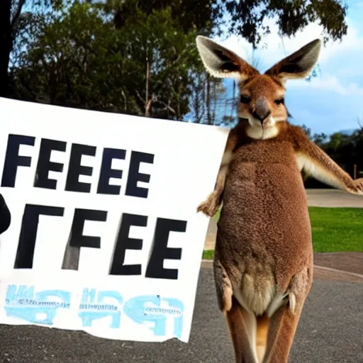 Prompt: < photo hd legible > a kangaroo holding a sign that says'free ross'< / photo >