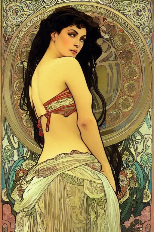 Image similar to portrait of monica belucci from the movie malena, artwork by alphonse mucha