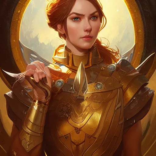 Image similar to portrait of a female paladin, D&D, fantasy, highly detailed, digital painting, artstation, smooth, sharp focus, illustration, art by artgerm and greg rutkowski and alphonse mucha