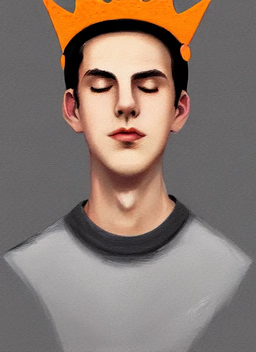 Image similar to portrait of teenage jughead jones wearing a light grey crown, crown, hamburger background, eyes closed, crown, black hair, orange, intricate, elegant, glowing lights, warm lighting, highly detailed, digital painting, artstation, concept art, smooth, sharp focus, illustration, art by wlop, mars ravelo and greg rutkowski