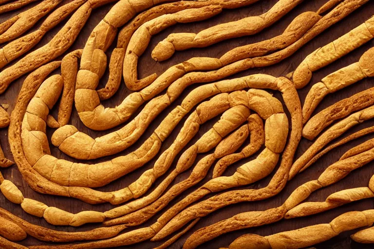 Image similar to centipede made of bread ultrarealism