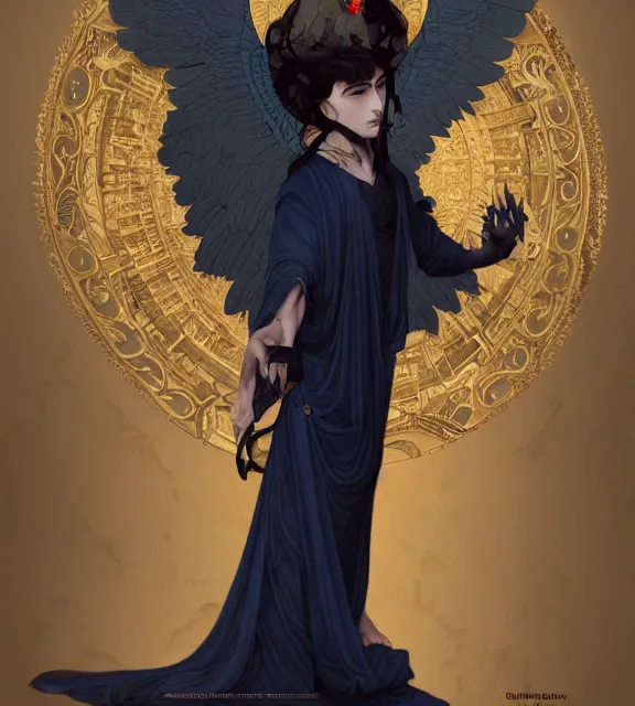 Image similar to god of death, young male, in the underworld, elegant dark blue dress, very detailed, throne, very intricate details, jewelry, gold eyeshadow, elaborate long black hairstyle, wings, cinematic, artstation, william bouguereau, alphonse mucha, greg rutkowski, rossdraws, octane render, no hands