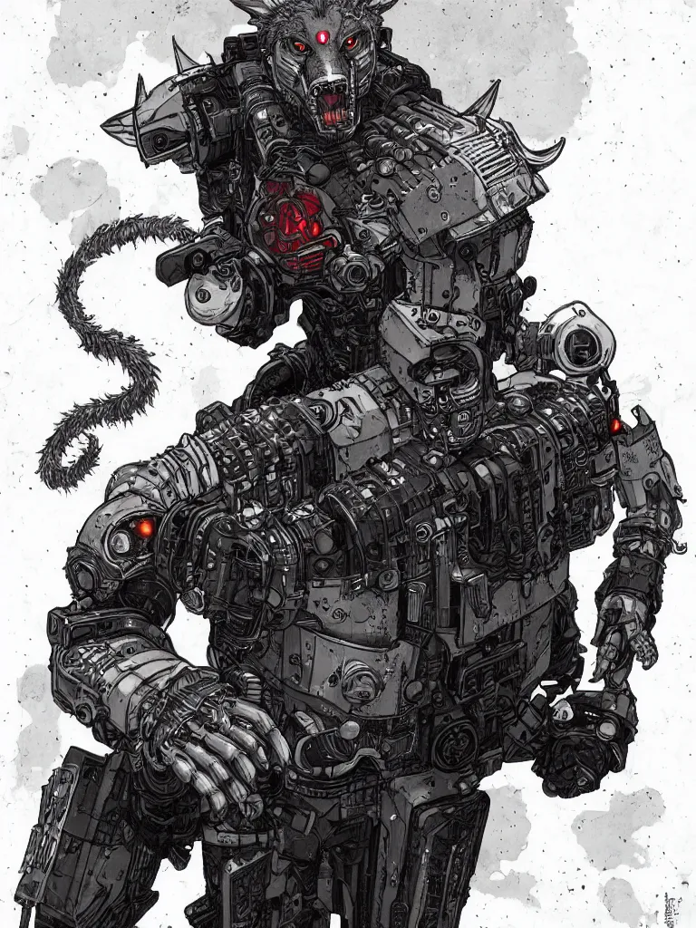 Prompt: portrait of a cybernetic werewolf warrior with white fur and silver fangs wearing black power armor, cyberpunk concept art by josan gonzales and moebius and enki bilal and and dan mumford and