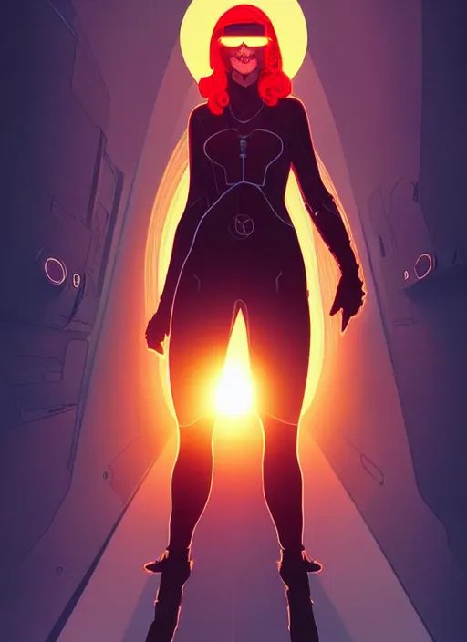 Prompt: Rafeal Albuquerque comic art, Joshua Middleton comic art, cinematics lighting, sunset colors, pretty female cyberpunk space pirate, big smirk, symmetrical face, symmetrical eyes,full body, in a field, sunset