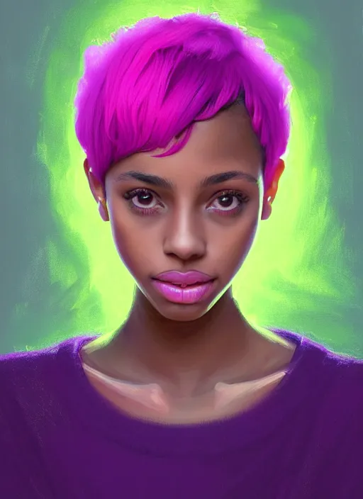 Image similar to portrait of teenage vanessa morgan with bright pink hair, black girl, curly pixie cut hair, wearing a purple breton cap, breton cap, hoop earrings, intricate, elegant, glowing lights, highly detailed, digital painting, artstation, concept art, smooth, sharp focus, illustration, art by wlop, mars ravelo and greg rutkowski