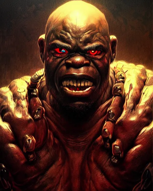 Prompt: doomfist from overwatch, evil sinister, angry nigerian man, rage, character portrait, portrait, close up, concept art, intricate details, highly detailed, horror poster, horror, vintage horror art, realistic, terrifying, in the style of michael whelan, beksinski, and gustave dore