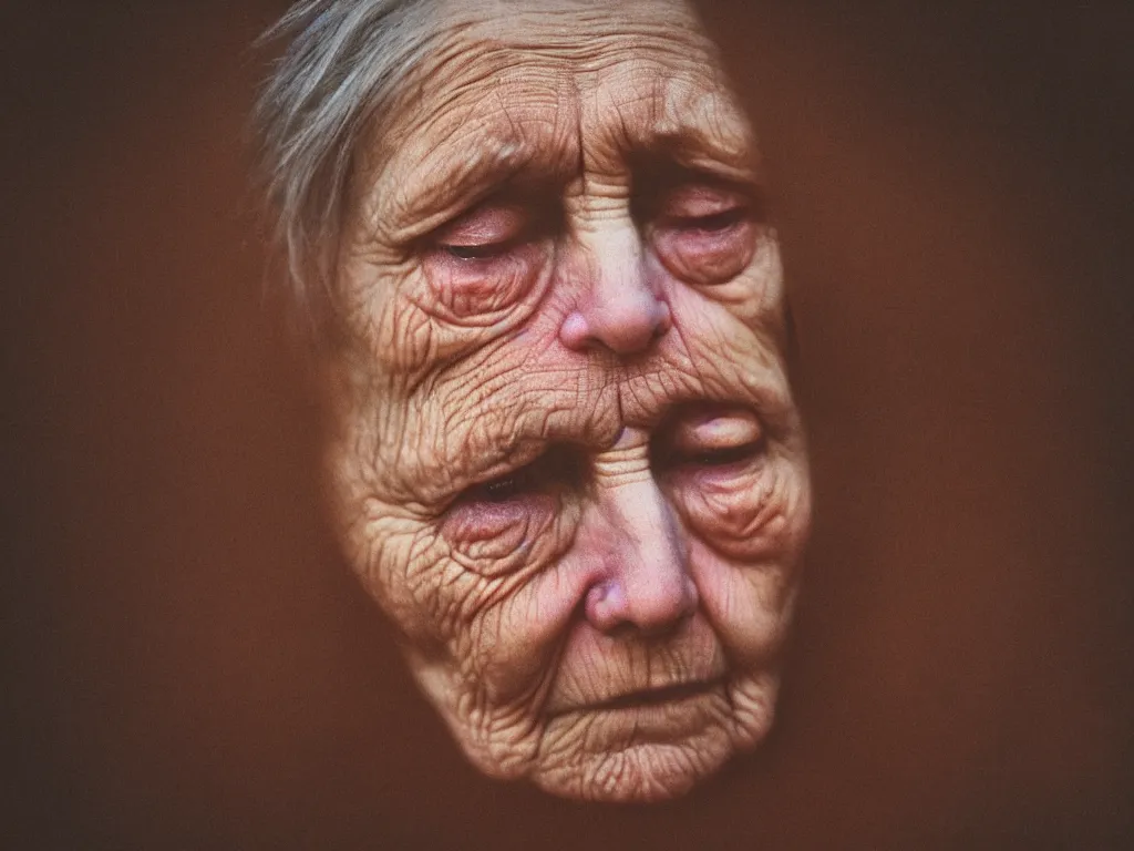 Image similar to close up portrait bust of old woman sitting on fence, tired expression, faded color film, russian cinema, tarkovsky, technicolor, heavy forest, wood cabin in distance, shallow depth of field, long brown hair, old clothing, heavy fog, brown color palette, sunset, low light, hudson river school, 4 k, dramatic lighting