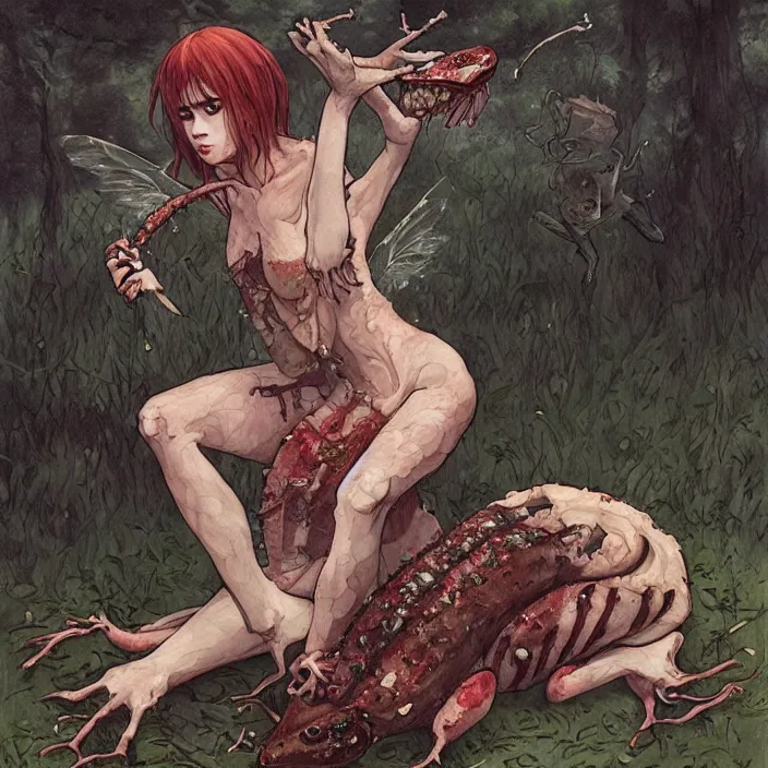 Image similar to Carnivore godlike fairy eating a frog alive, Junji Ito and Greg rutkowski